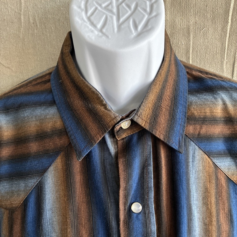 Vtg 90s Roper Shirt Mens XL Brown Blue Stripe Pearl Snap Western Cowboy Rodeo